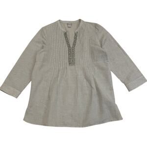 Chico's 2 (12/14) Embellished Rhinestones Tunic Top | Linen Blend, Light Gray